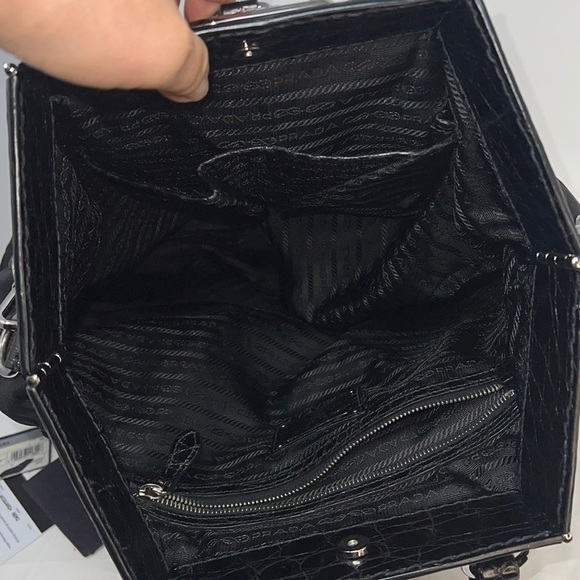 PRADA BLACK NYLON JACQUARD CROCODILE TRIM LARGE SHOPPING SHOULDER BAG - Picture 11 of 16